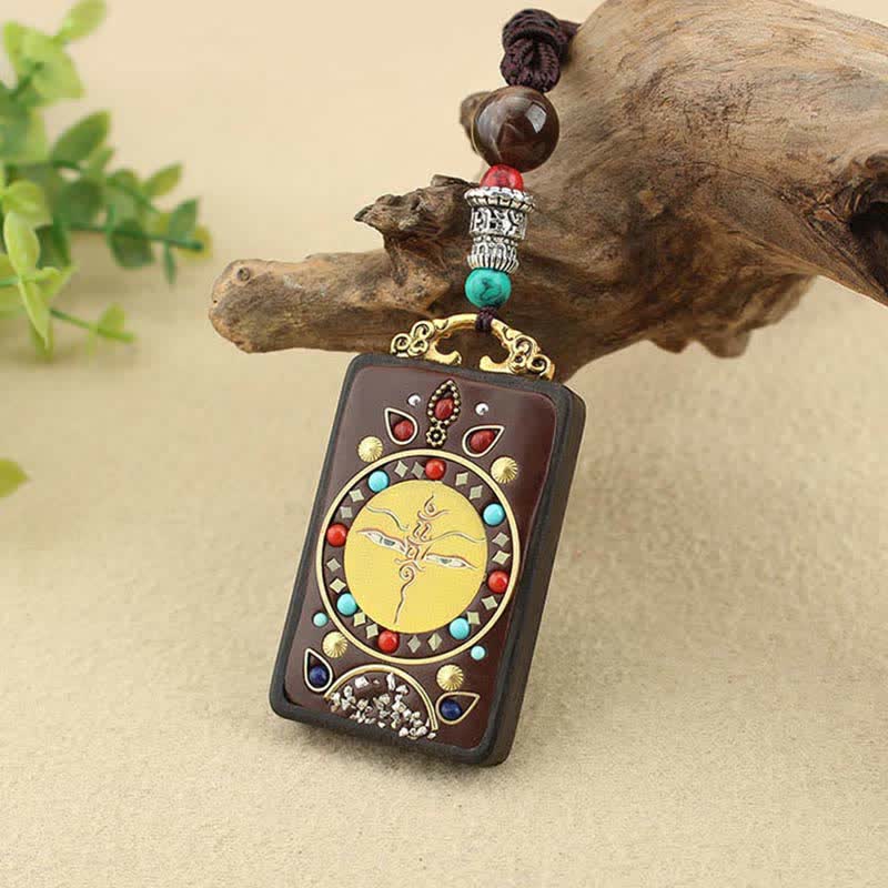 Collier pendentif en ébène Thangka Buddha Stones Tibet Dieu de la richesse