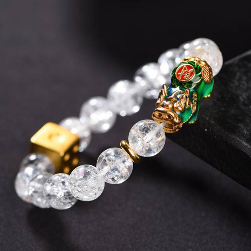Bracelet de richesse en dés de cristal blanc Pixiu à changement de couleur de Buddha Stones