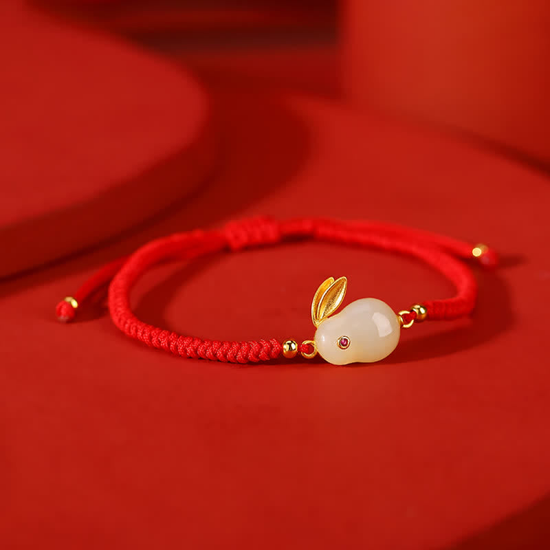 Bracelet de protection en fil rouge en jade blanc Hetian de l'année du lapin en argent sterling 925 Buddha Stones