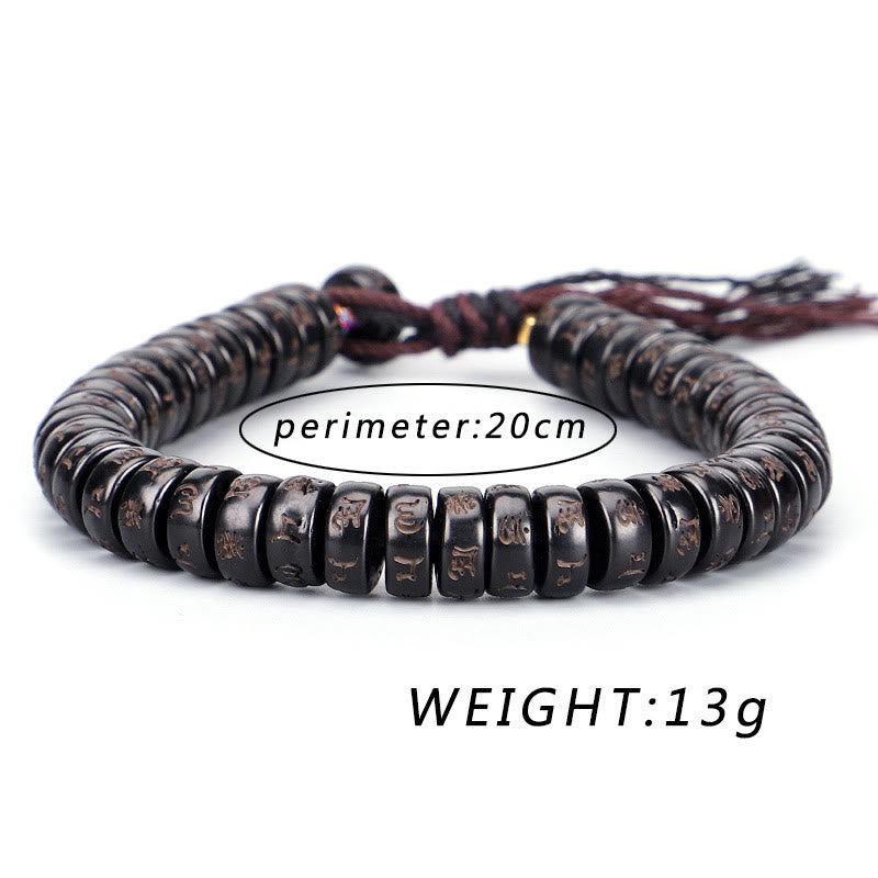 Bracelet en corde Buddha Stones perles de noix de coco tibétaines gravées avec le mantra positif Om Mani Padme Hum