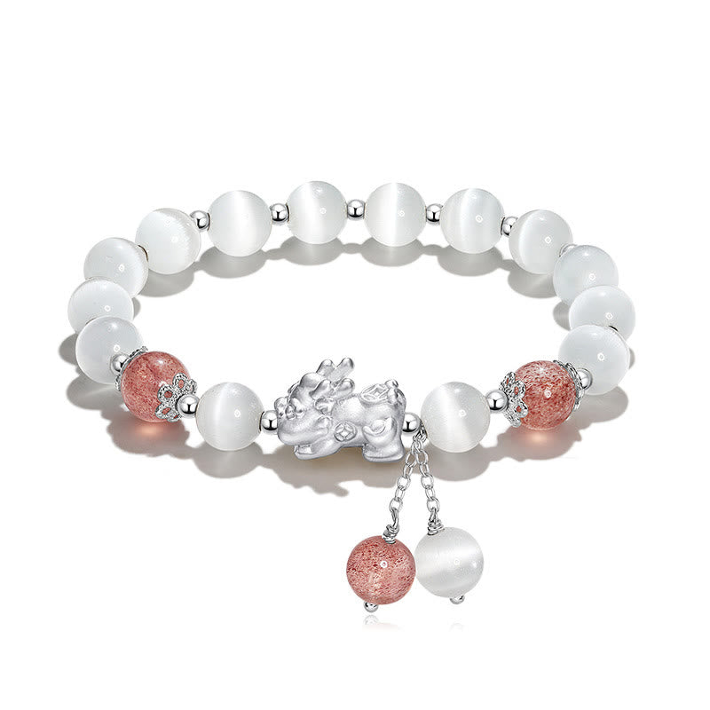 Bracelet de soutien PiXiu en pierre de lune œil de chat naturelle et quartz fraise de Buddha Stones