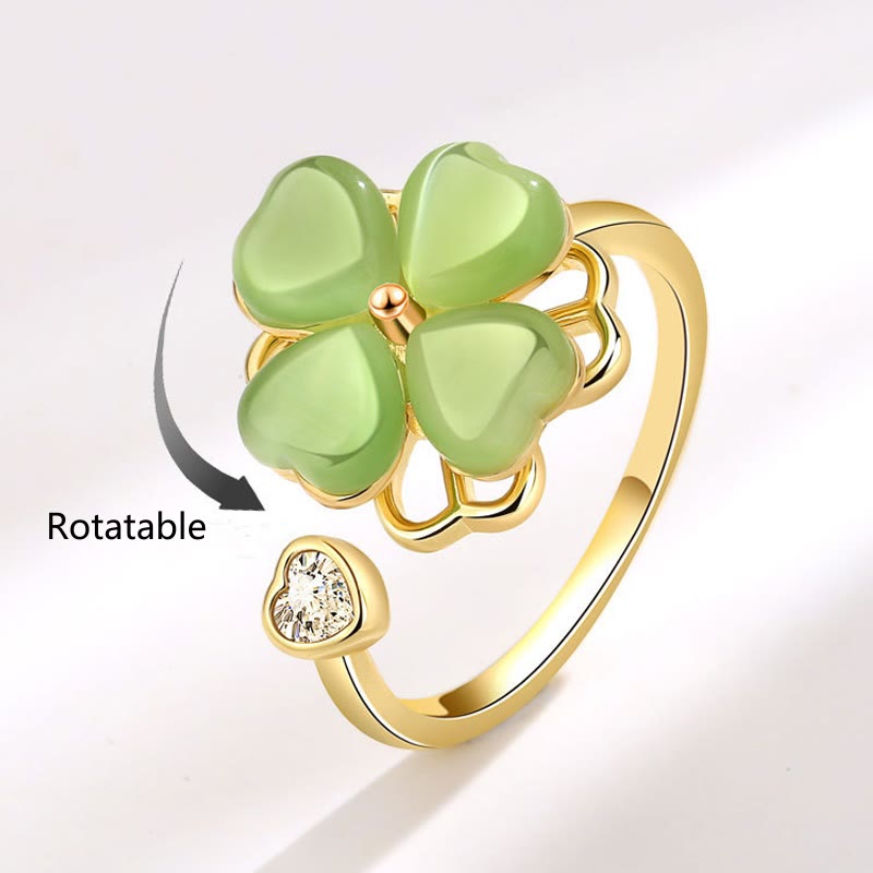Bague rotative en zircon avec trèfle à quatre feuilles et œil de chat en Buddha Stones
