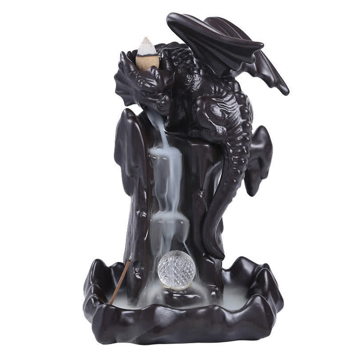 Fontaine à fumée à refoulement en céramique avec dragon nordique, brûleur d'encens de guérison et de méditation, décoration à boule LED