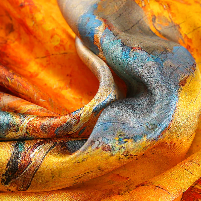Foulard pour cheveux en soie de mûrier 100 % Buddha Stones et peinture à l'huile sur la ville, scène de neige, château, lotus