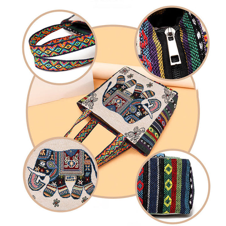 Sac fourre-tout en toile brodé de grande capacité avec Buddha Stones, éléphant et papillon