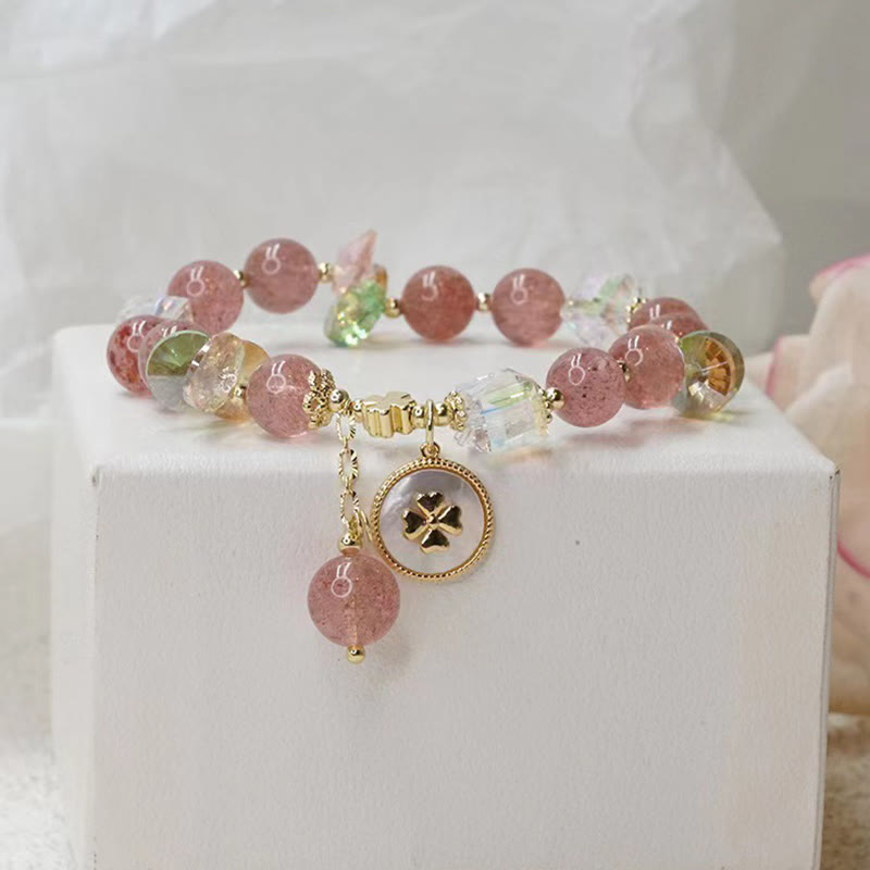 Bracelet porte-bonheur en quartz fraise et trèfle à quatre feuilles avec breloque de guérison et Buddha Stones