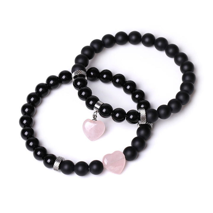 Bracelet de couple en pierre de cristal d'onyx noir Buddha Stones 2 pièces Protection du cœur d'amour