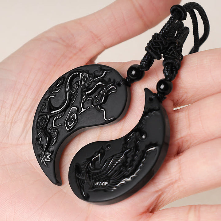 Collier pendentif porte-bonheur en obsidienne noire avec Buddha Stones et dragon Yin Yang et phénix - image 4