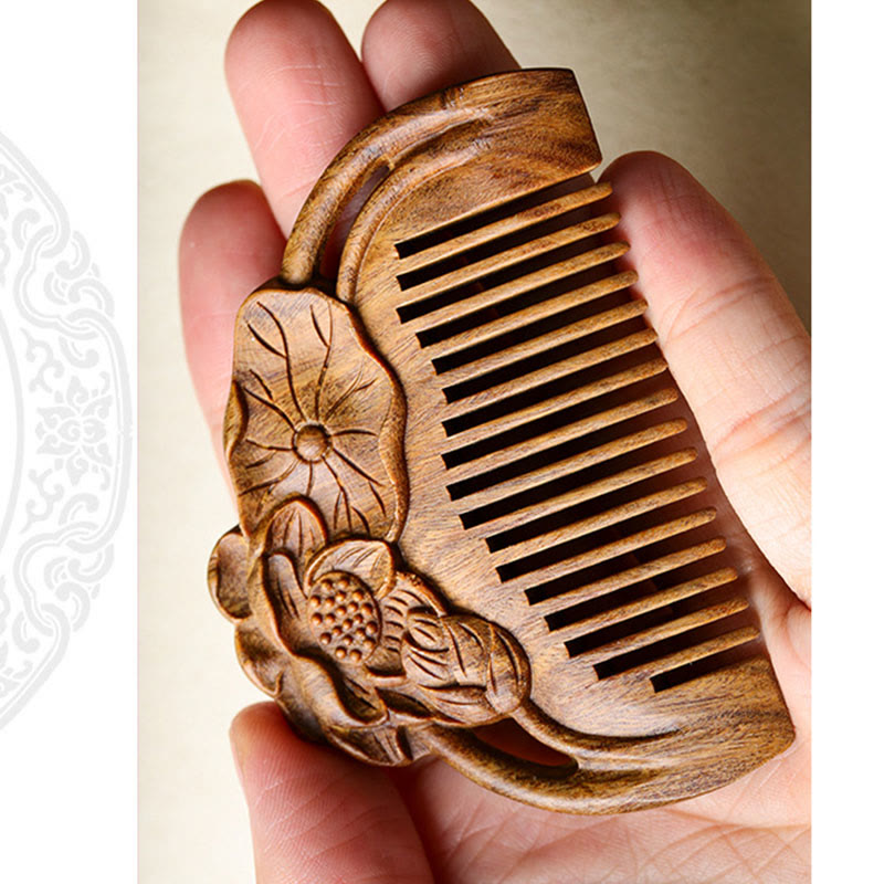 Peigne apaisant gravé en feuille de lotus et fleur de santal vert naturel - image 10