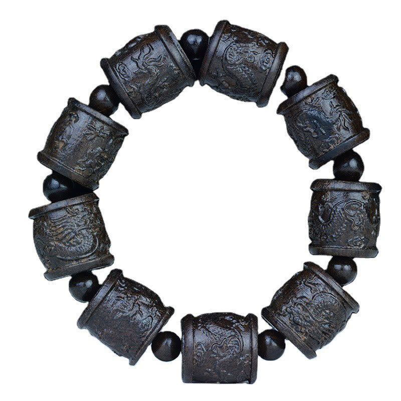 Bracelet d'équilibre gravé en bois d'ébène avec Buddha Stones et dragon de lotus des dix-huit arhats