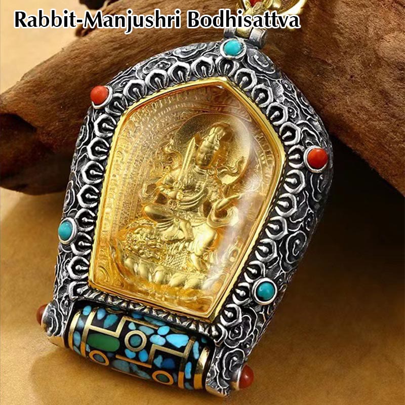 Collier avec pendentif en perles Dzi rotatives du zodiaque chinois tibétain Thangka Bouddha de la prospérité