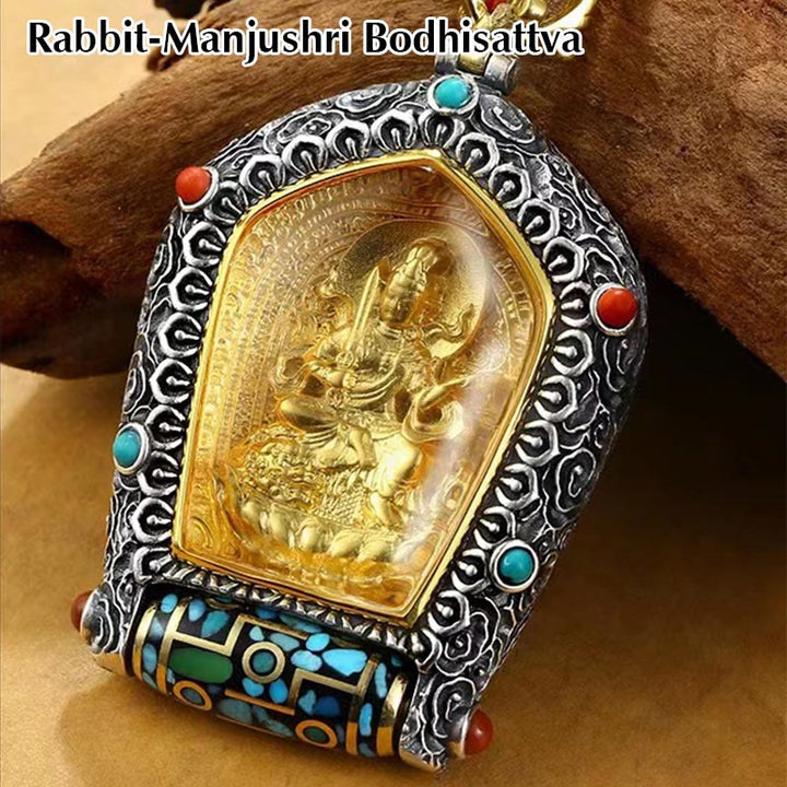 Collier avec pendentif en perles Dzi rotatives du zodiaque chinois tibétain Thangka Bouddha de la prospérité
