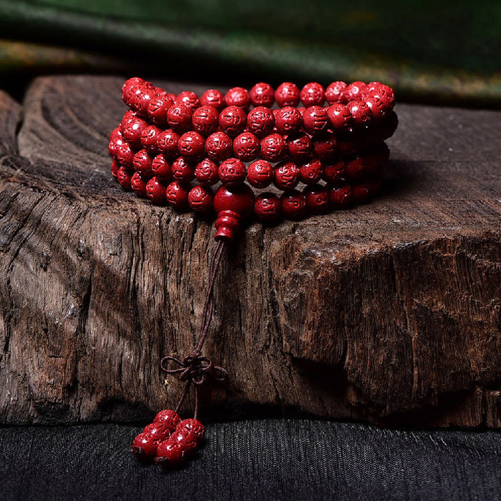 Bracelet de bénédiction gravé avec 108 Buddha Stones de Mala en cinabre et motif Om Mani Padme Hum - image 8
