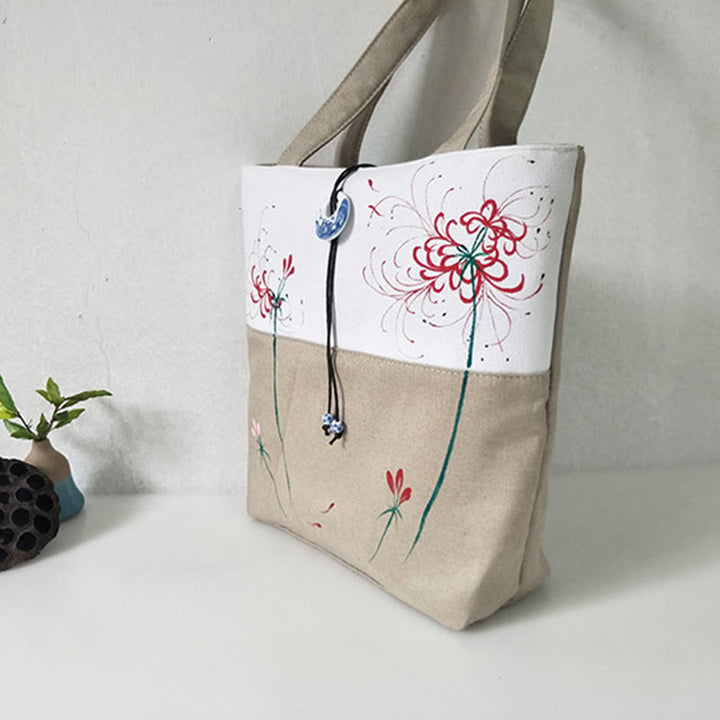 Sac à bandoulière en toile brodée de bambou avec fleur de poire, prunier, fleur de pêcher, grande capacité, sac fourre-tout