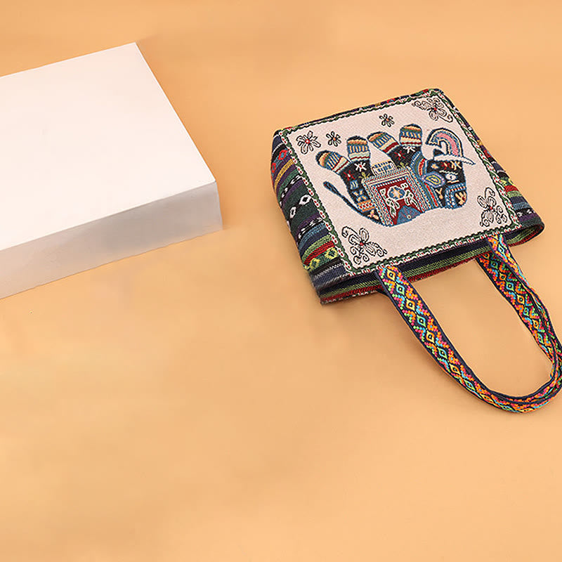 Sac fourre-tout en toile brodé de grande capacité avec Buddha Stones, éléphant et papillon