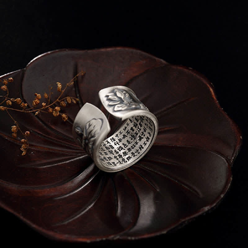 Bague porte-bonheur en argent sterling 999 Buddha Stones et poisson Koi, lotus, cœur, Sutra de la richesse