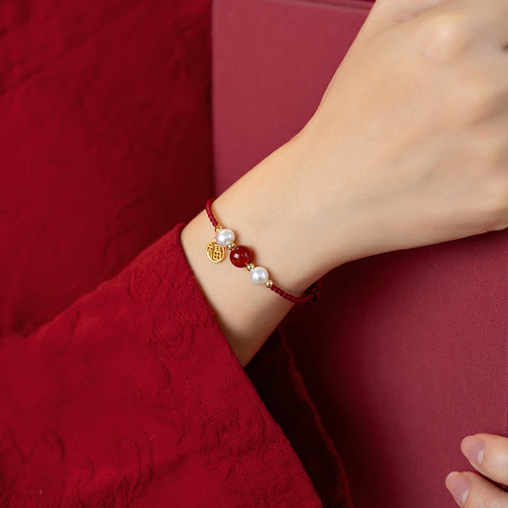 Bracelet tressé en fil rouge avec perles d'agate et personnage Fu en argent sterling 925 et Buddha Stones