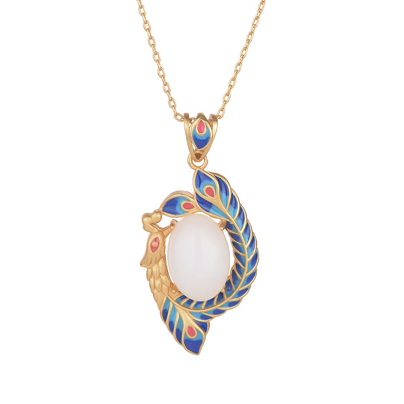 Collier pendentif en cuivre et jade blanc avec paon et bénédiction