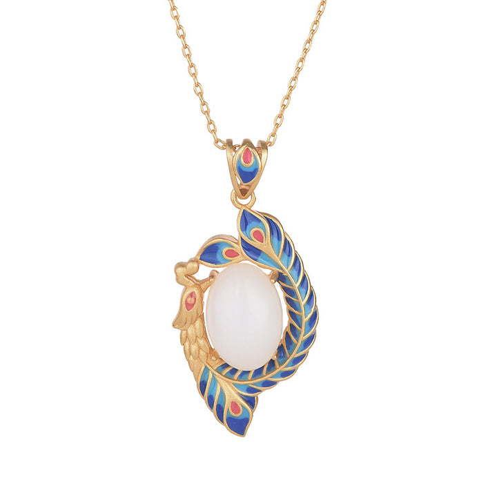 Collier pendentif en cuivre et jade blanc avec paon et bénédiction