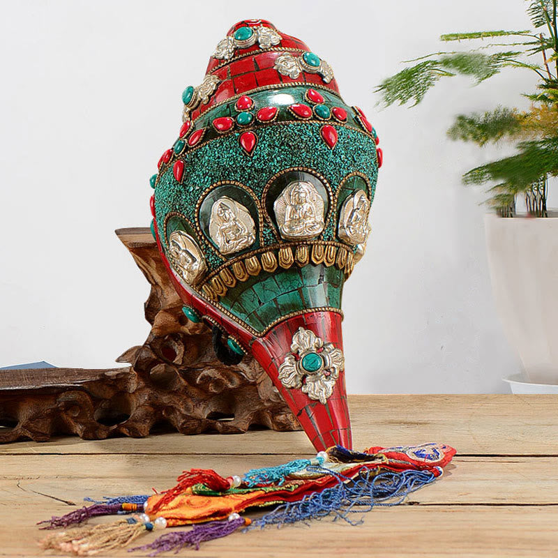 Tibétain fait à la main Shankha Om Mani Padme Hum bouddha Avalokitesvara coquille de conque Turquoise décoration positive - image 0
