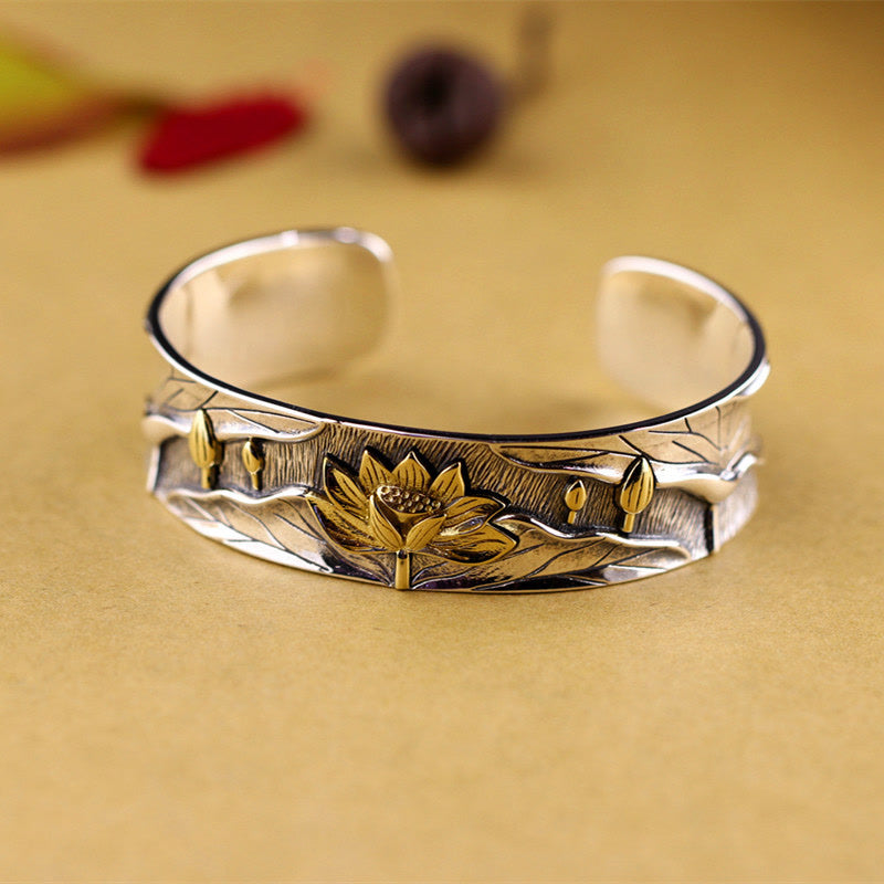 Bracelet réglable en argent sterling 925 Buddha Stones et fleur de lotus