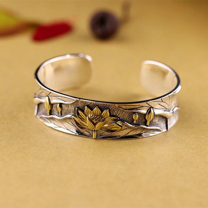 Bracelet réglable en argent sterling 925 Buddha Stones et fleur de lotus