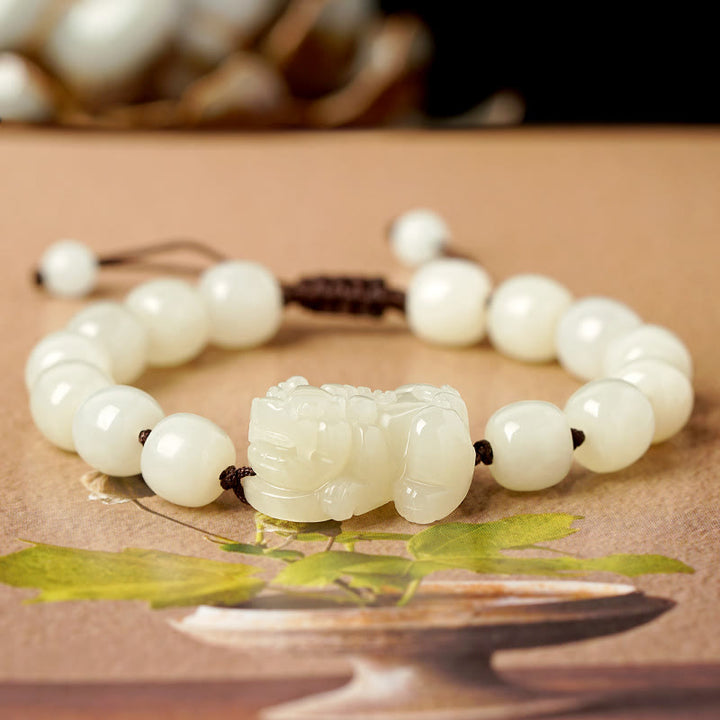 Bracelet en fil de jade blanc naturel Hetian PiXiu Buddha Stones