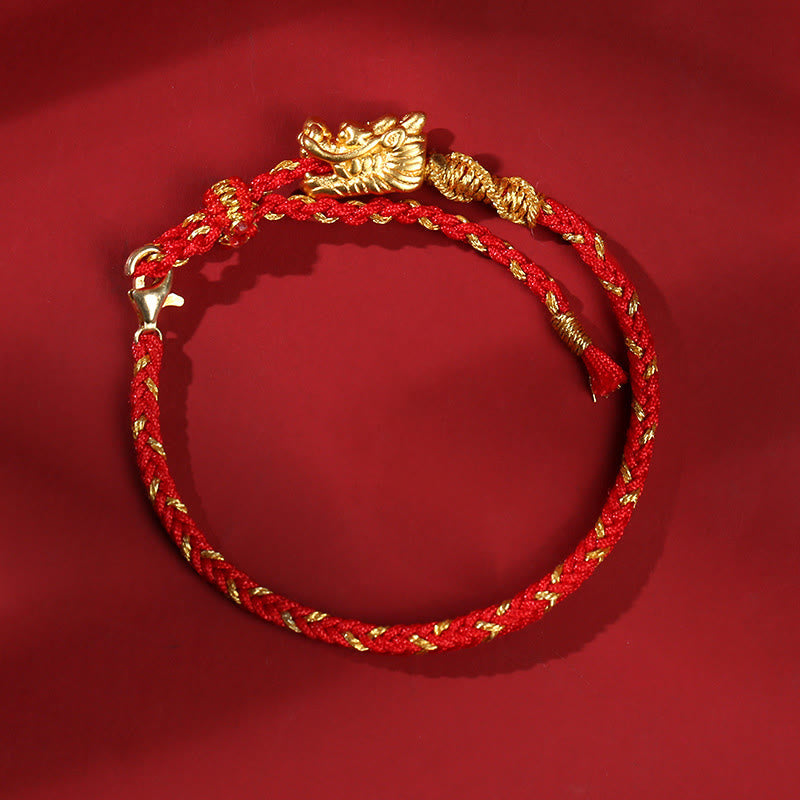 Bracelet tressé en fil rouge à huit fils en argent sterling 999 de Buddha Stones, fabriqué à la main, avec dragon porte-bonheur