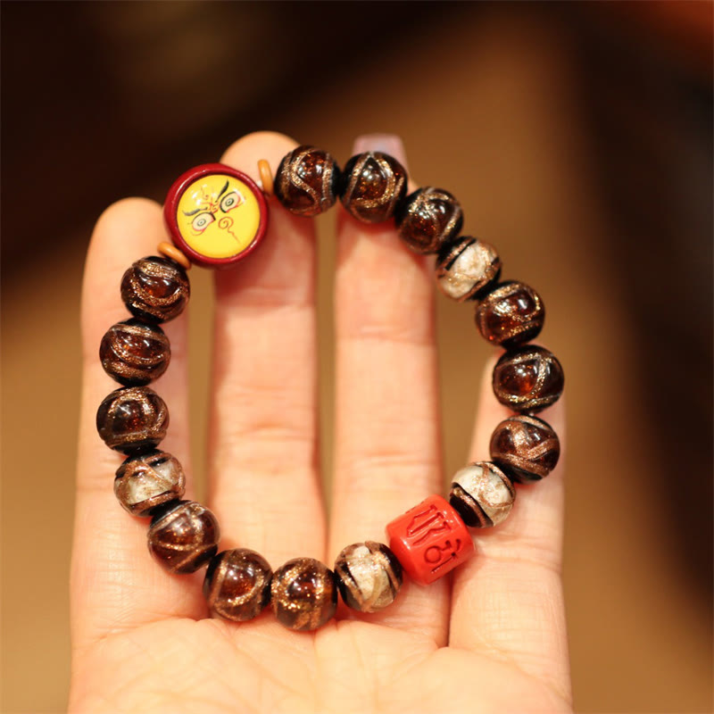 Bracelet de perles de fortune Thangka Tibétain en or représentant la famille des cinq dieux de la richesse