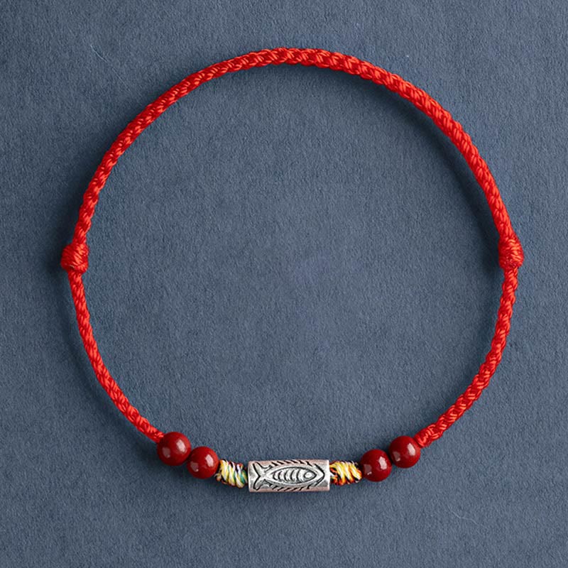 Bracelet de cheville tressé artisanal en argent sterling 925 avec perles de cinabre et poisson koï de Buddha Stones