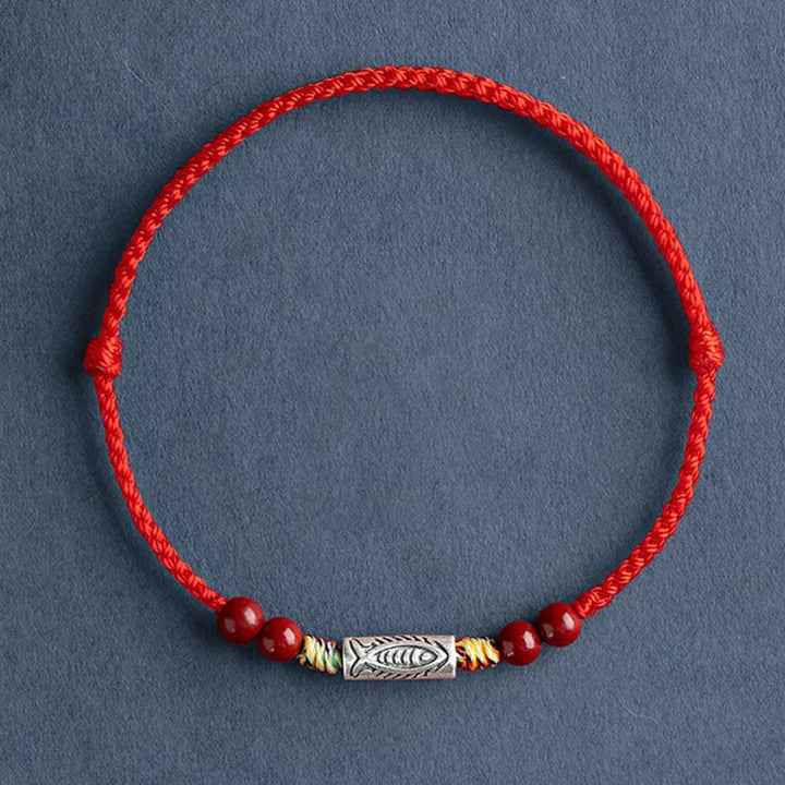 Bracelet de cheville tressé artisanal en argent sterling 925 avec perles de cinabre et poisson koï de Buddha Stones