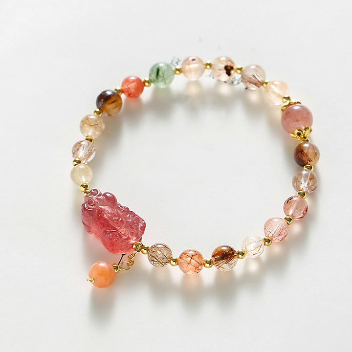 Bracelet de richesse PiXiu en quartz rutile naturel et quartz fraise Buddha Stones