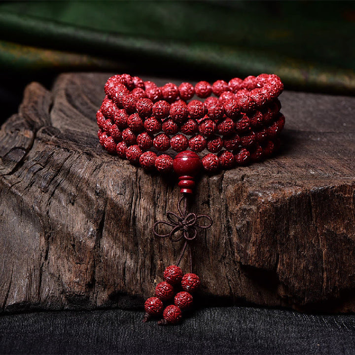 Bracelet de bénédiction gravé avec 108 Buddha Stones de Mala en cinabre et motif Om Mani Padme Hum - image 2