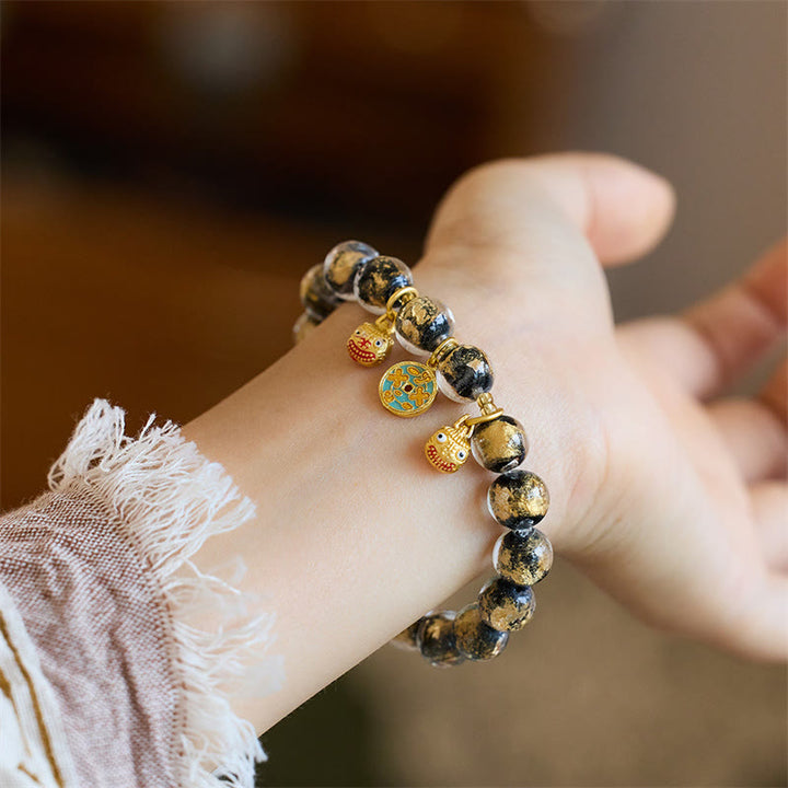 Bracelet porte-bonheur en perles de verre Liuli Buddha Stones et bête avaleuse d'or et pièce de cuivre