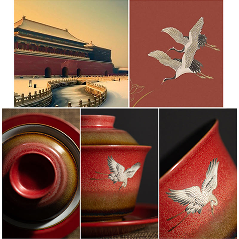 Tasse à thé et soucoupe en céramique Gaiwan Sancai avec couvercle et Buddha Stones rouge de bon augure