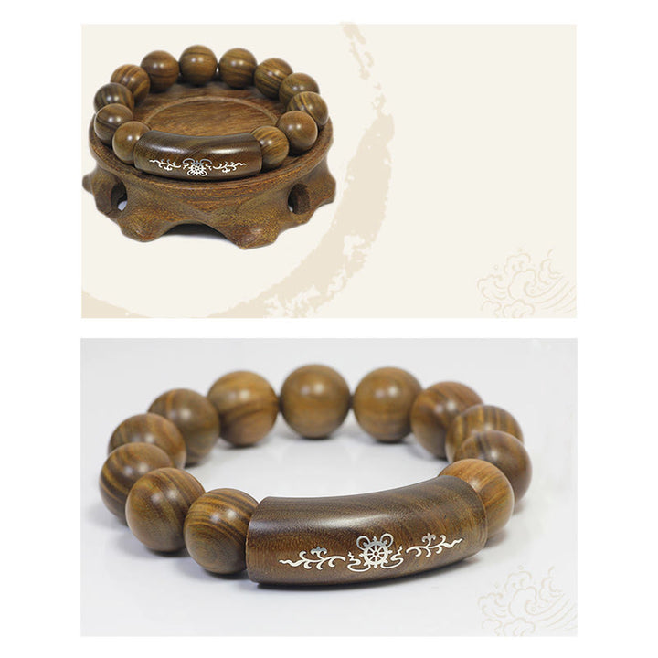 Bracelet de paix incrusté de Buddha Stones en argent sterling 999 et bois de santal vert Om Mani Padme Hum Dragon Phoenix Dharmachakra