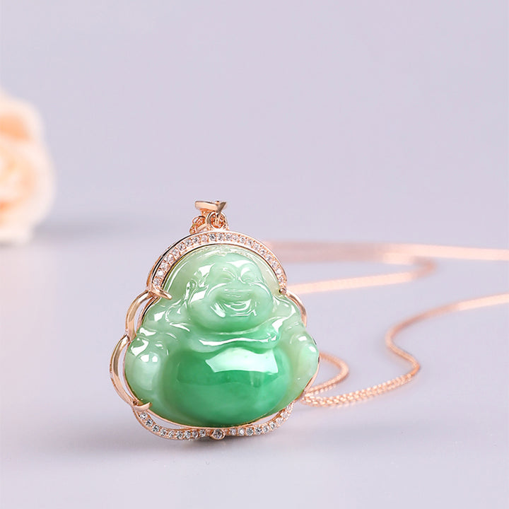Collier avec pendentif en argent sterling 925 et jade naturel en forme de Bouddha rieur - Soufflé aux pêches - image 1