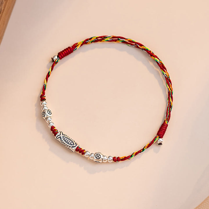 Bracelet de cheville tressé en argent sterling 925 avec poisson Koi et pierres de Buddha Stones