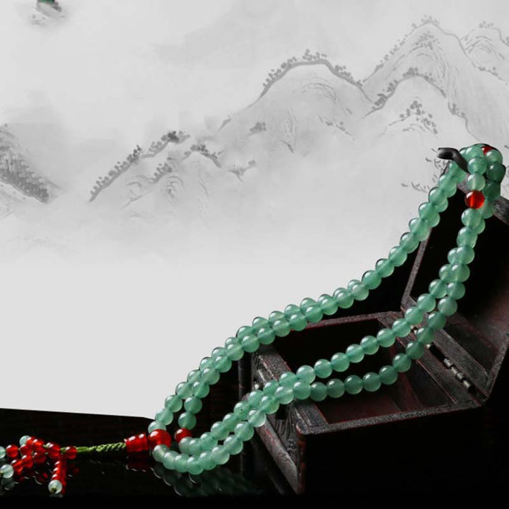 Bracelet Mala porte-bonheur en Buddha Stones, 108 perles, aventurine verte, agate rouge