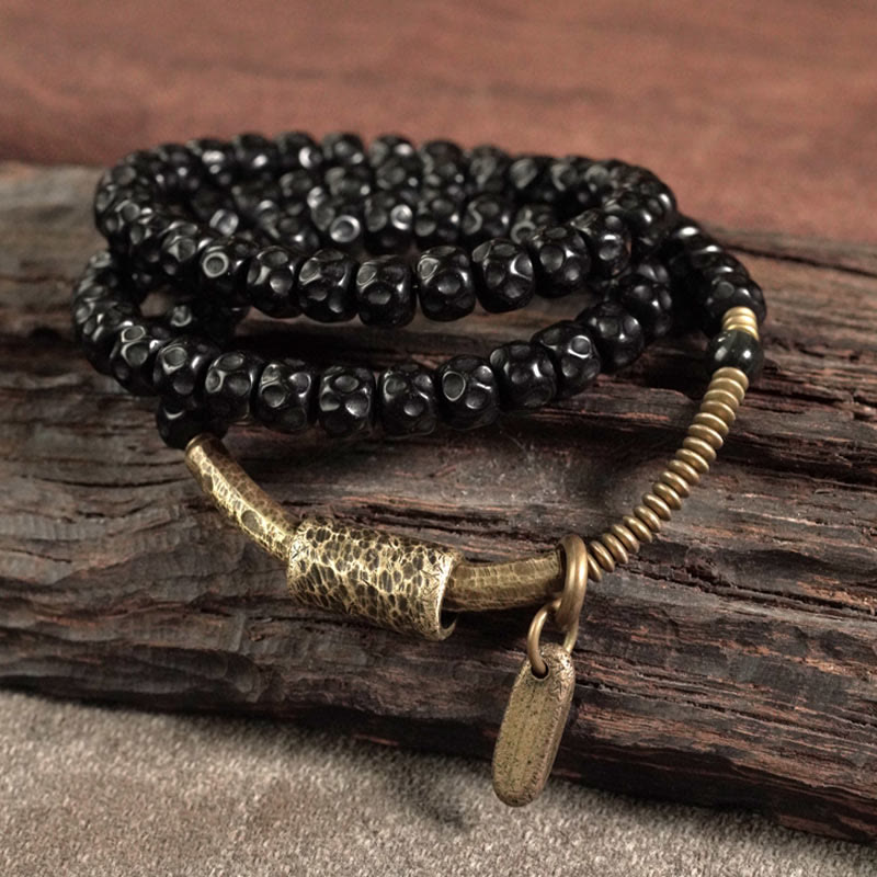 Bracelet triple tour Buddha Stones Retro en laiton et cuivre, coquillage de noix de coco, symbole de bonheur - image 2