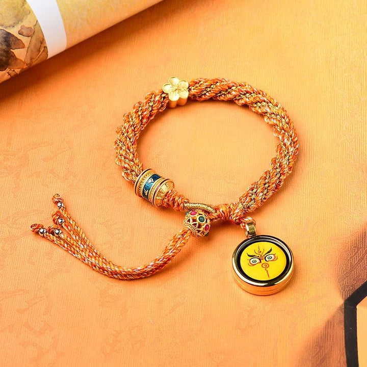 Bracelet en corde tissée avec breloque en forme de fleur et roue de prière en Buddha Stones faites à la main avec cinq dieux de la richesse et de la chance