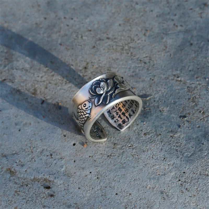 Bague porte-bonheur en argent sterling 999 Buddha Stones et poisson Koi, lotus, cœur, Sutra de la richesse