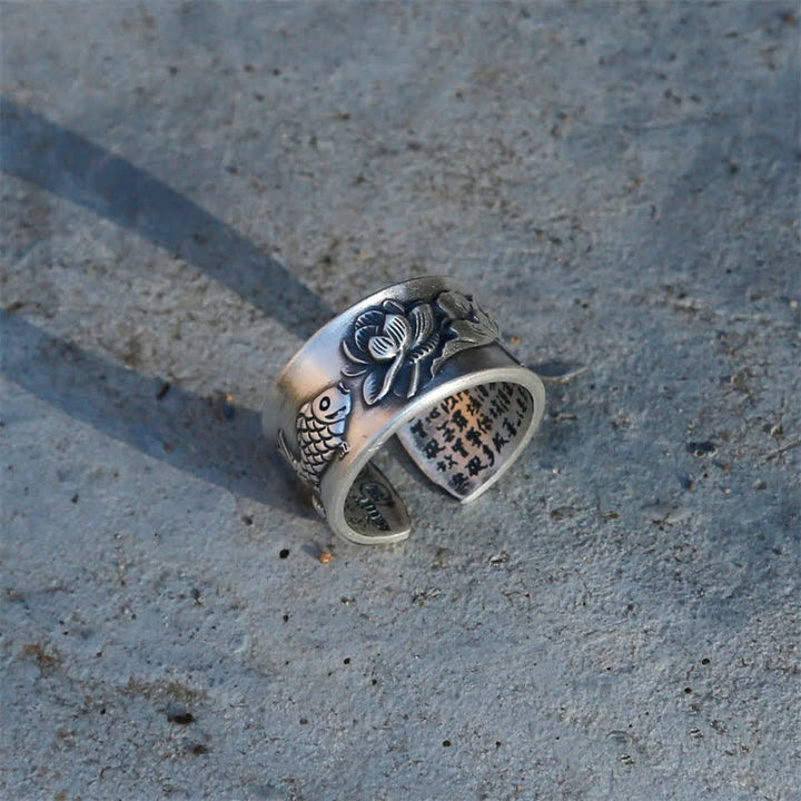 Bague porte-bonheur en argent sterling 999 Buddha Stones et poisson Koi, lotus, cœur, Sutra de la richesse