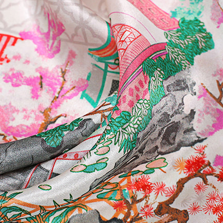 Foulard pour cheveux en soie de mûrier 100 % Buddha Stones et scène pastorale en montgolfière