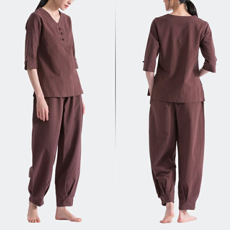 Ensemble de vêtements en coton et lin Buddha Stones , yoga, méditation, prière, col en V, pratique zen, pour femmes