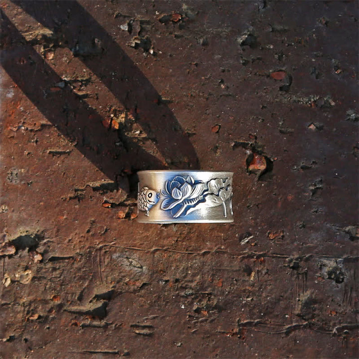 Bague porte-bonheur en argent sterling 999 Buddha Stones et poisson Koi, lotus, cœur, Sutra de la richesse