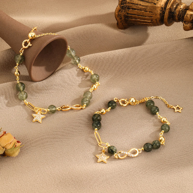 Bracelet de protection en or 14 carats avec quartz rutile vert et boucle Möbius de Buddha Stones, amour éternel et étoile