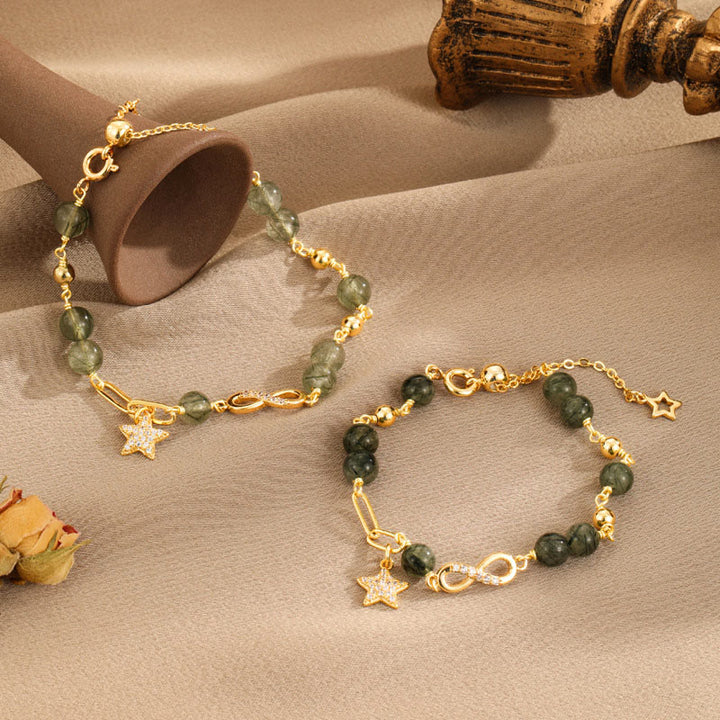 Bracelet de protection en or 14 carats avec quartz rutile vert et boucle Möbius de Buddha Stones, amour éternel et étoile