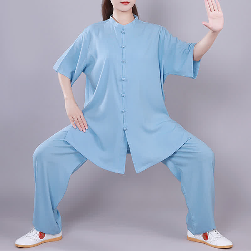 Ensemble de vêtements unisexe en coton et lin avec Buddha Stones , Tai Chi, Qigong, méditation, prière, pratique spirituelle zen - Bleu - manches courtes - US14，UK/AU18，EU46 (3XL)  - image 13