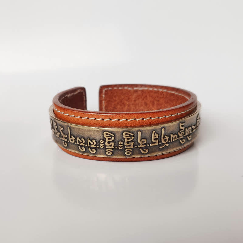 Bracelet manchette en cuir et cuivre Buddha Stones, 2 pièces, Om Mani Padme Hum, Dragon Phoenix